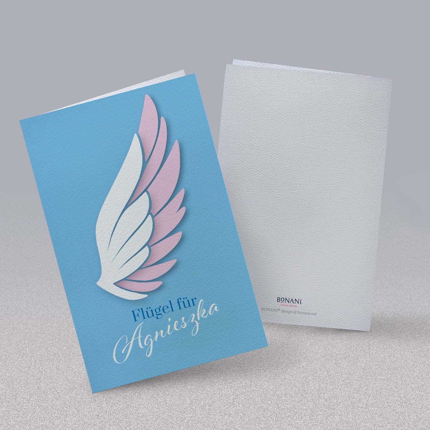 Personalisierte Glückwunschkarte "Flügel" mit Ihrem Wunschnamen, Klappkarte inkl. Umschlag
