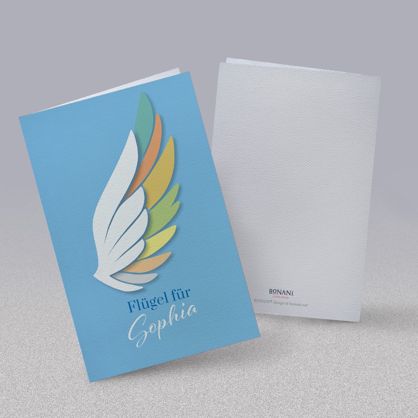 Personalisierte Glückwunschkarte "Flügel" mit Ihrem Wunschnamen, Klappkarte inkl. Umschlag