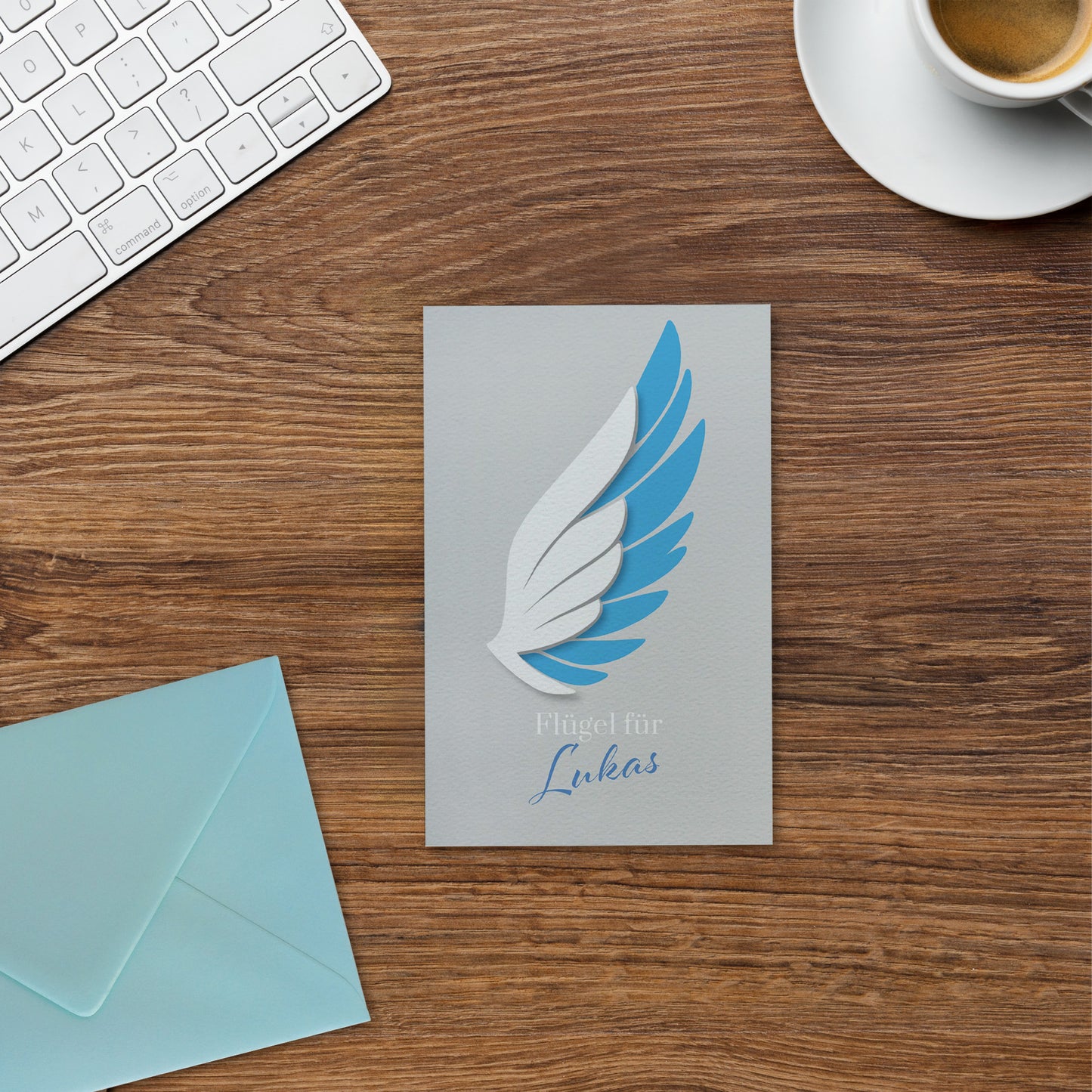 Personalisierte Glückwunschkarte "Flügel" mit Ihrem Wunschnamen, Klappkarte inkl. Umschlag