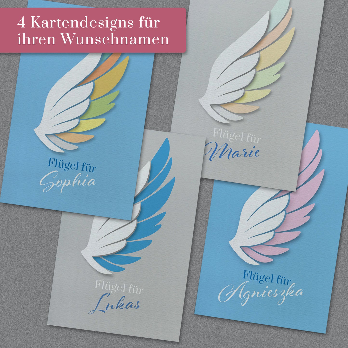 Personalisierte Glückwunschkarte "Flügel" mit Ihrem Wunschnamen, Klappkarte inkl. Umschlag