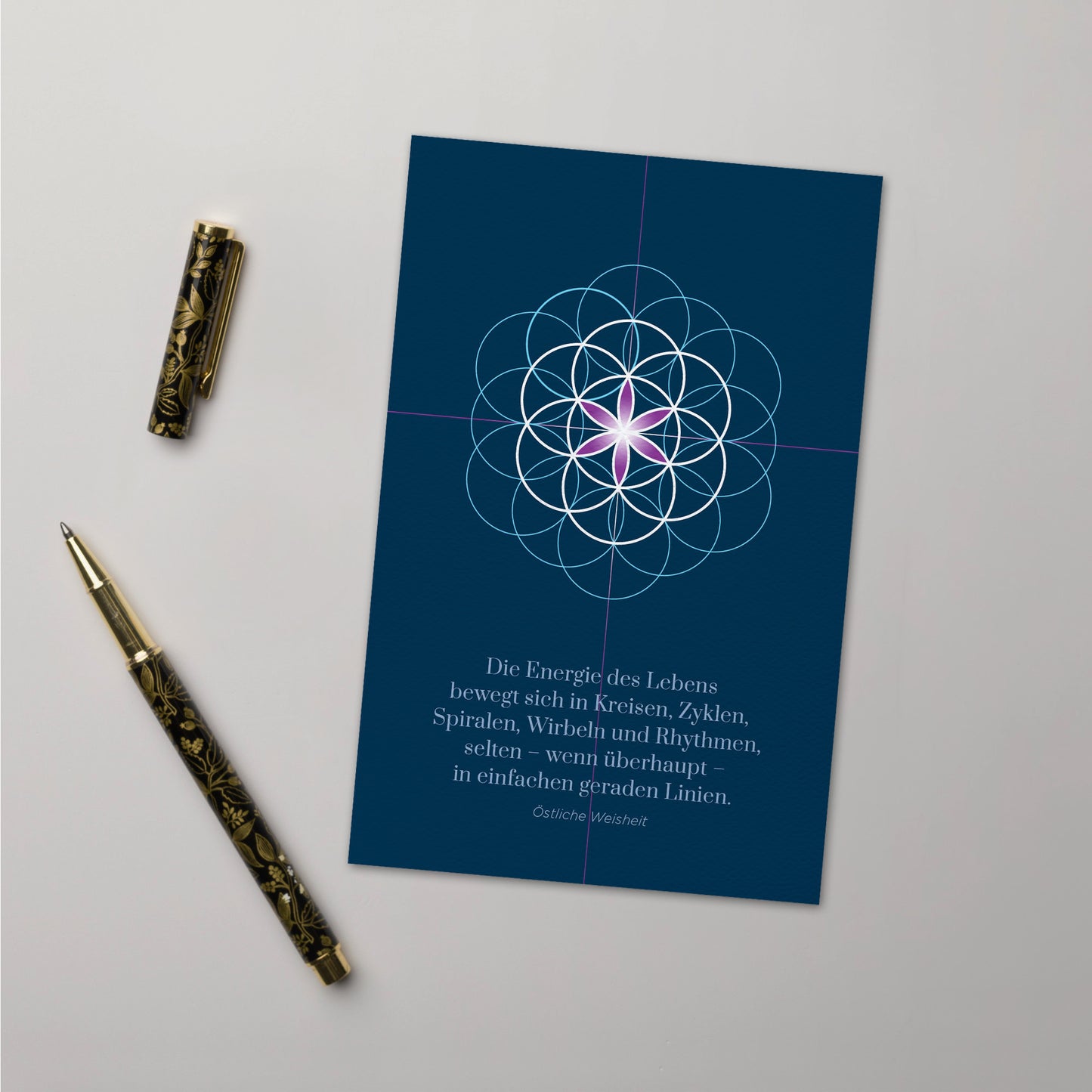 BONANI Grußkarte 08 "Blume des Lebens", heilige Geometrie, dunkelblau mit Zitat, 11 x 17 cm, Klappkarte inkl. Umschlag