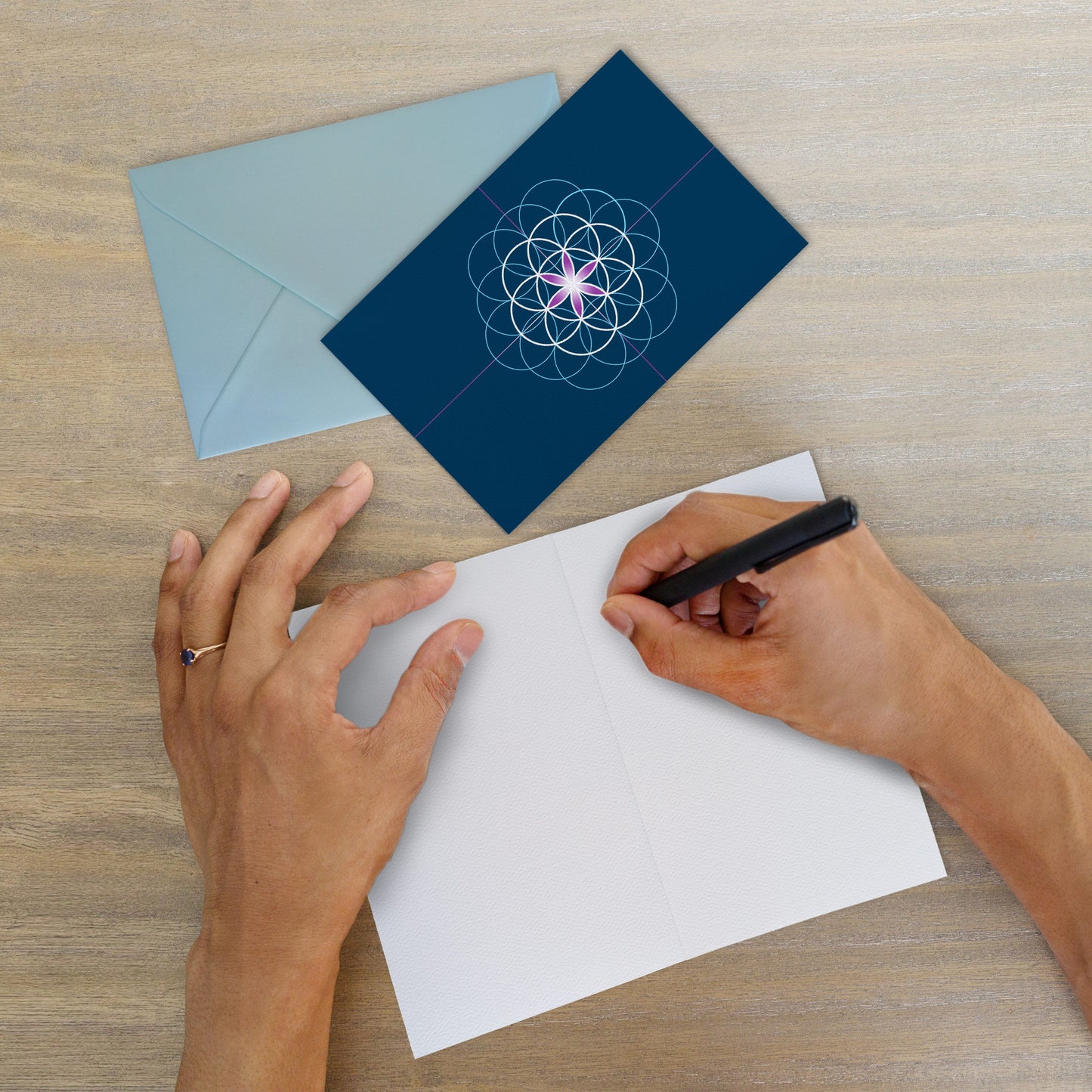 BONANI Grußkarte 07 "Blume des Lebens", heilige Geometrie, dunkelblau, 11 x 17 cm, Klappkarte inkl. Umschlag
