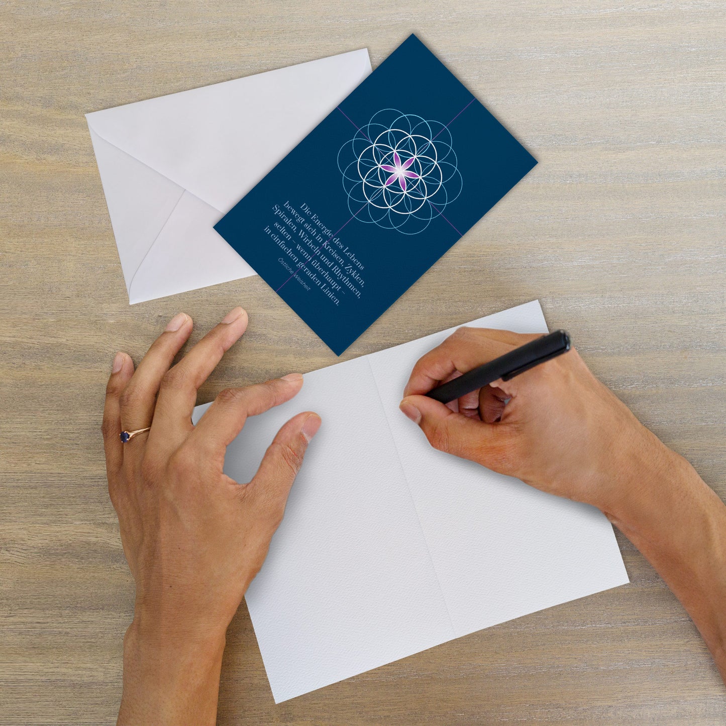 BONANI Grußkarte 08 "Blume des Lebens", heilige Geometrie, dunkelblau mit Zitat, 11 x 17 cm, Klappkarte inkl. Umschlag