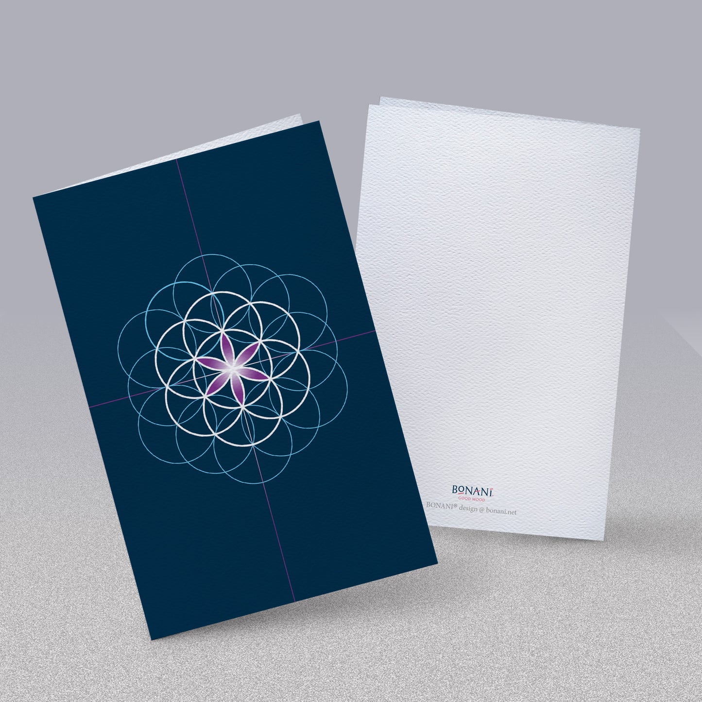 BONANI Grußkarte 07 "Blume des Lebens", heilige Geometrie, dunkelblau, 11 x 17 cm, Klappkarte inkl. Umschlag