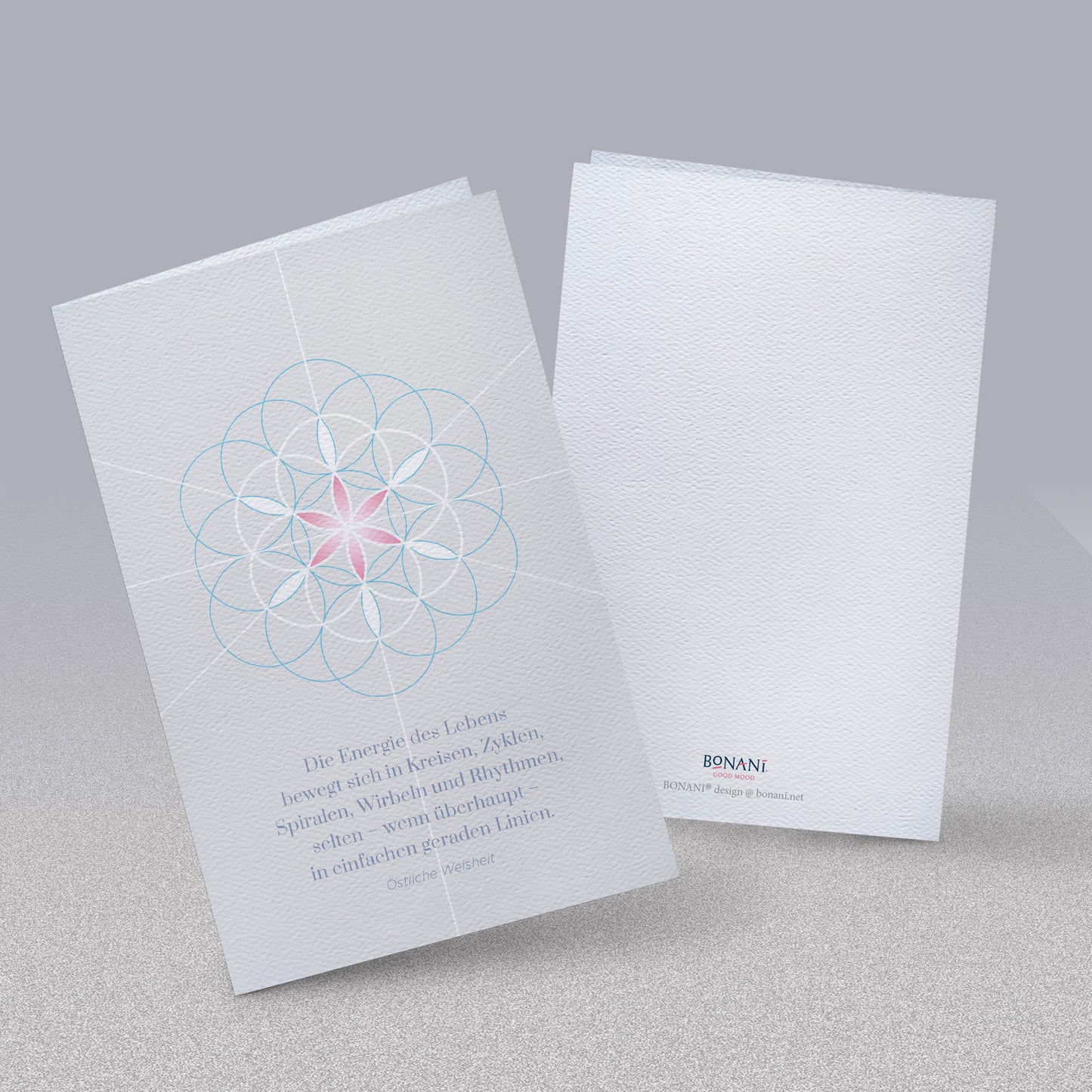 BONANI Grußkarte 06 "Blume des Lebens", heilige Geometrie, mit Zitat, 11 x 17 cm, Klappkarte inkl. Umschlag