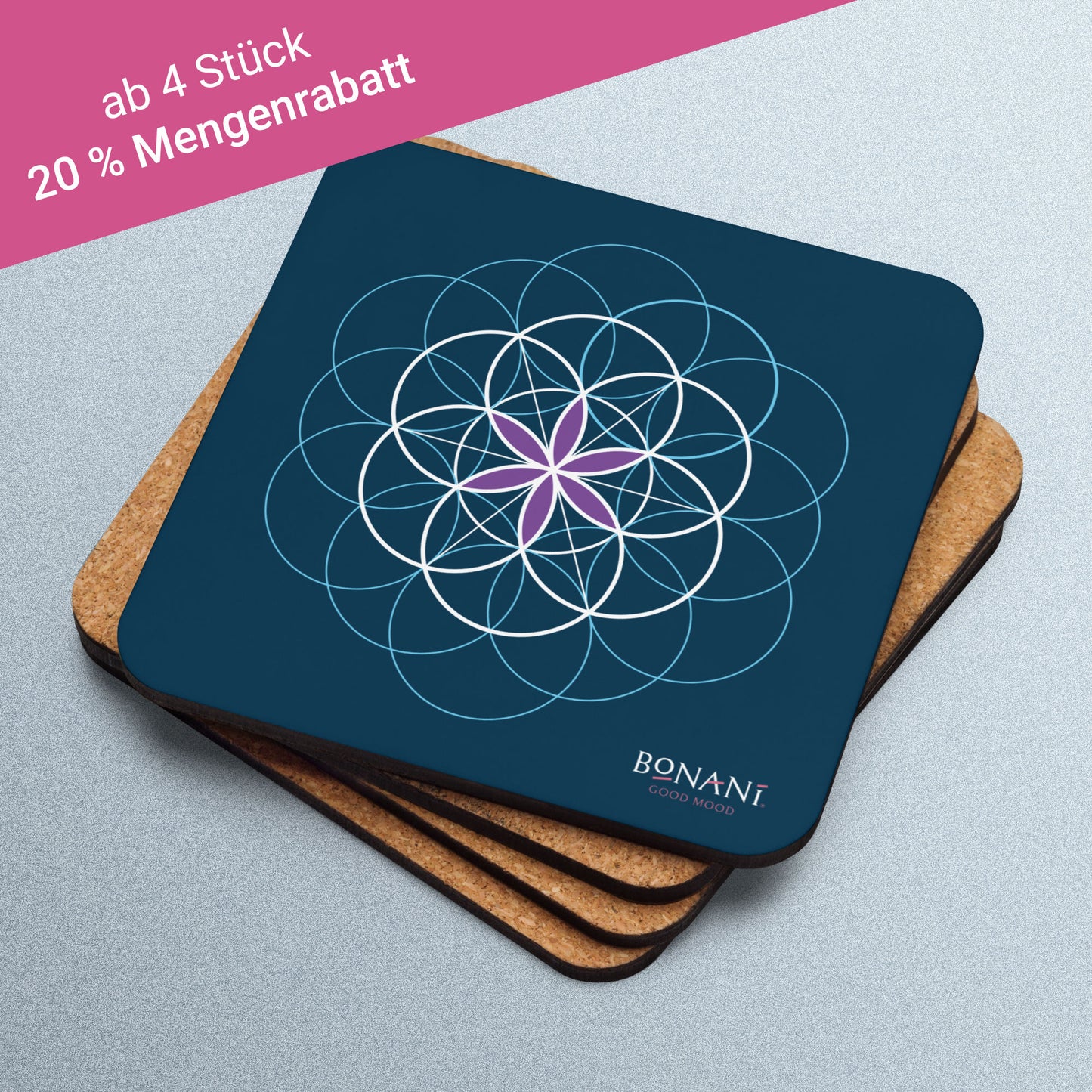 Korkuntersetzer mit der Blume des Lebens, Symbol der heiligen Geometrie