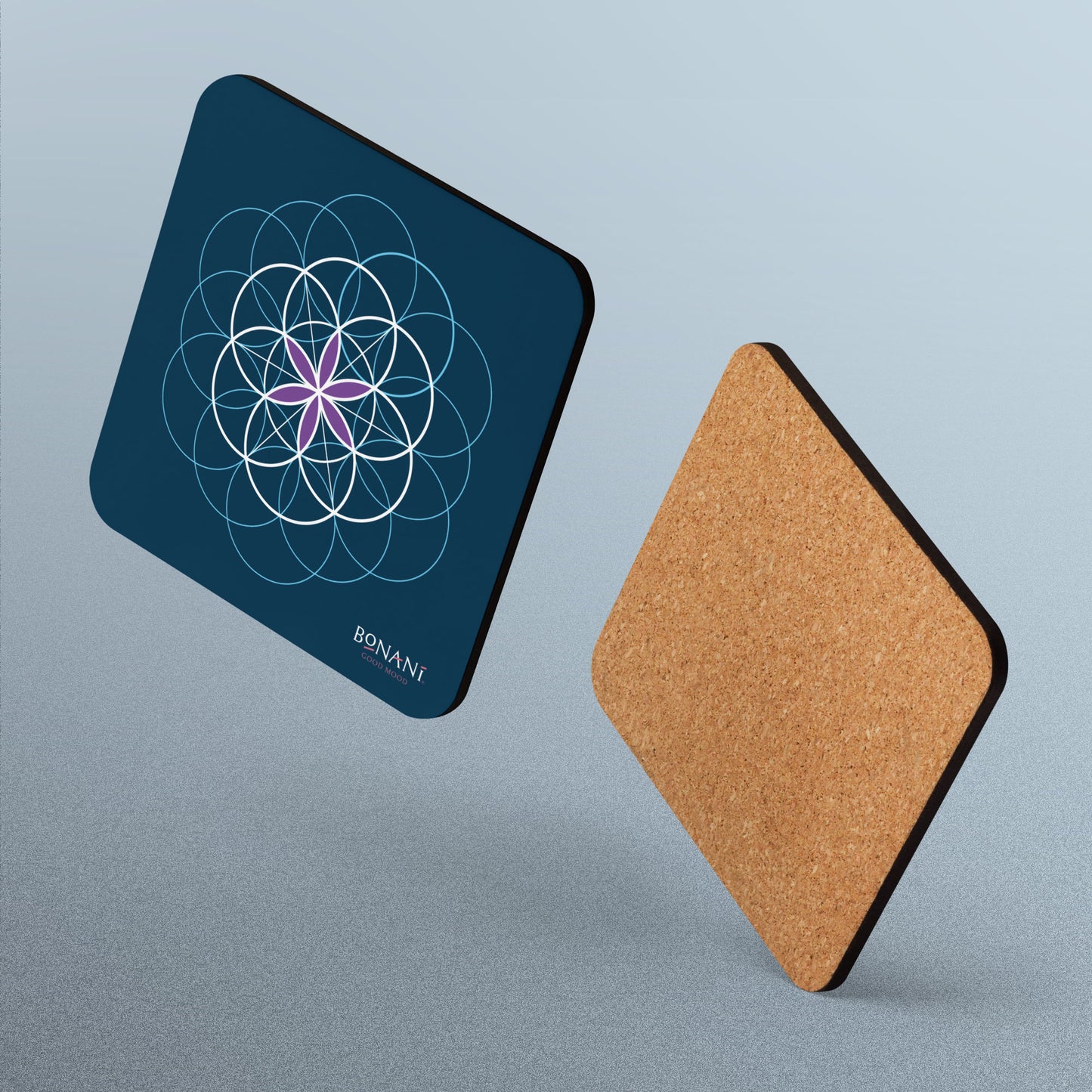 Korkuntersetzer mit der Blume des Lebens, Symbol der heiligen Geometrie