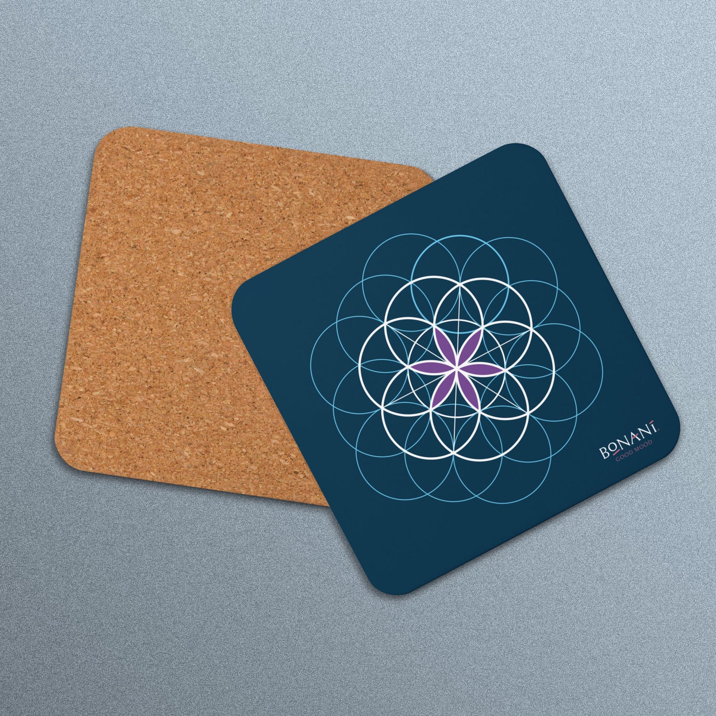 Korkuntersetzer mit der Blume des Lebens, Symbol der heiligen Geometrie