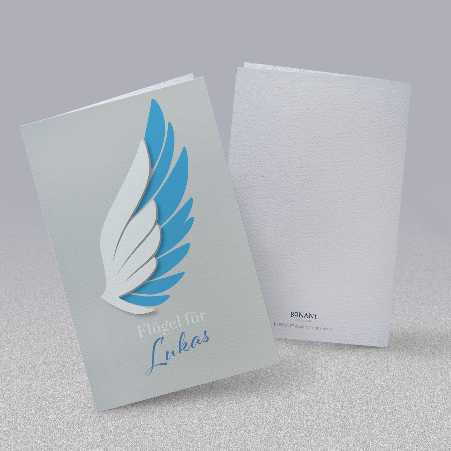 Personalisierte Glückwunschkarte "Flügel" mit Ihrem Wunschnamen, Klappkarte inkl. Umschlag